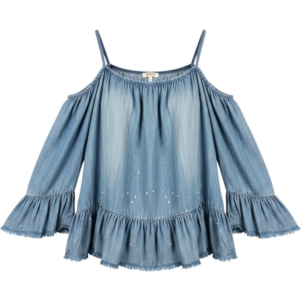 Blanknyc Top Women Small Blue Cold Shoulder Ruffle Distressed Boho Summer